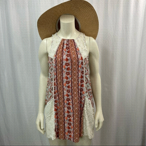 Hint of Mint Boho Mini Dress Pink with White Lace Size Small